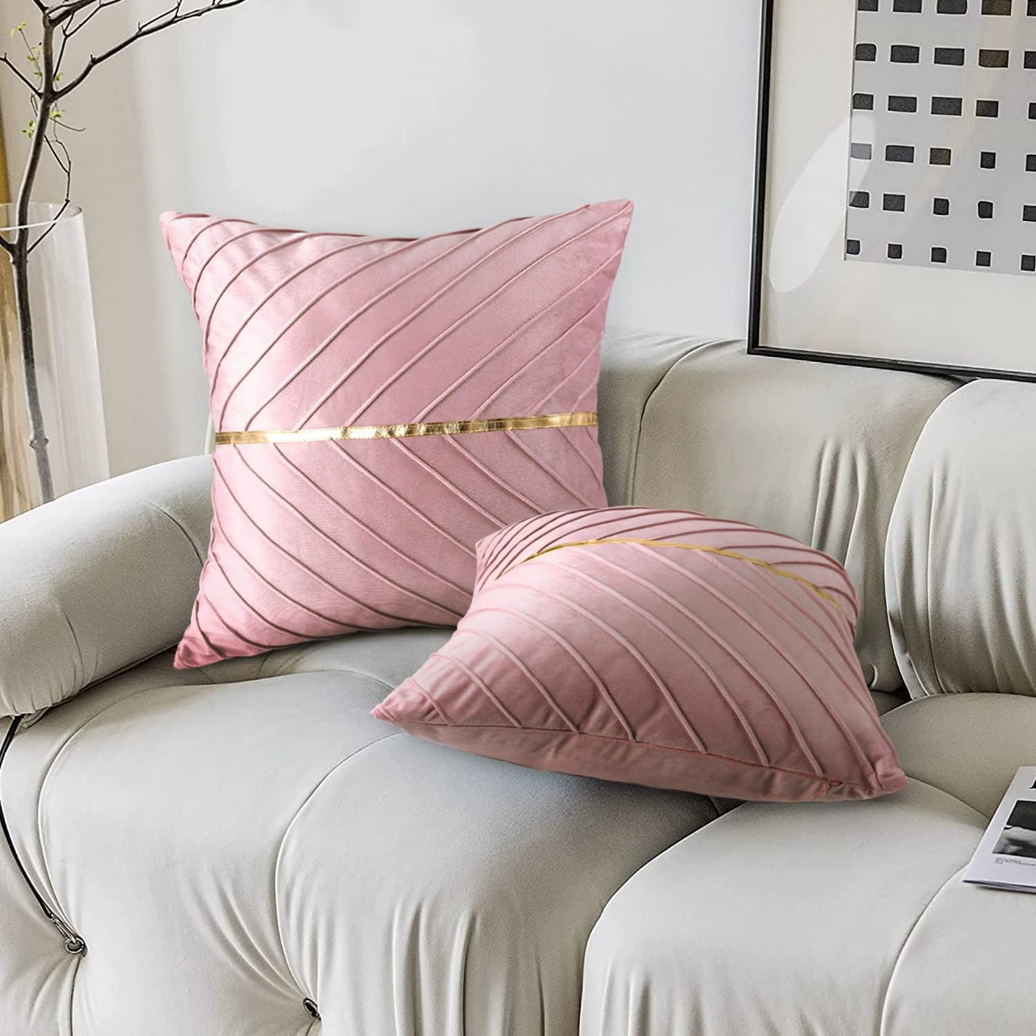 Samt-kissenbezüge,  of 2er- pack, inklusive goldfarbenem leder-weihnachtsdeko-kissenbezug, luxuriöser, moderner kissenbezug für sofas: 470*740mm / Rosa