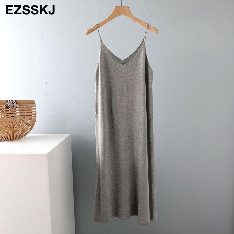 Chic a-line basic forår sommer kjole stropløs strikkjole kvinder løs camisole oversize lang kjole kvinde strik maxi kjole: Grå