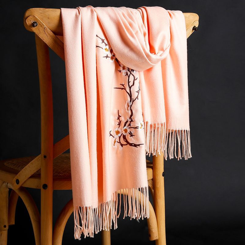 Cashmere Warm Scarves With Tassel Women Autumn Embroidery Solid Color Long Wraps Women Scarf Female Shawl Winter Scarf: D