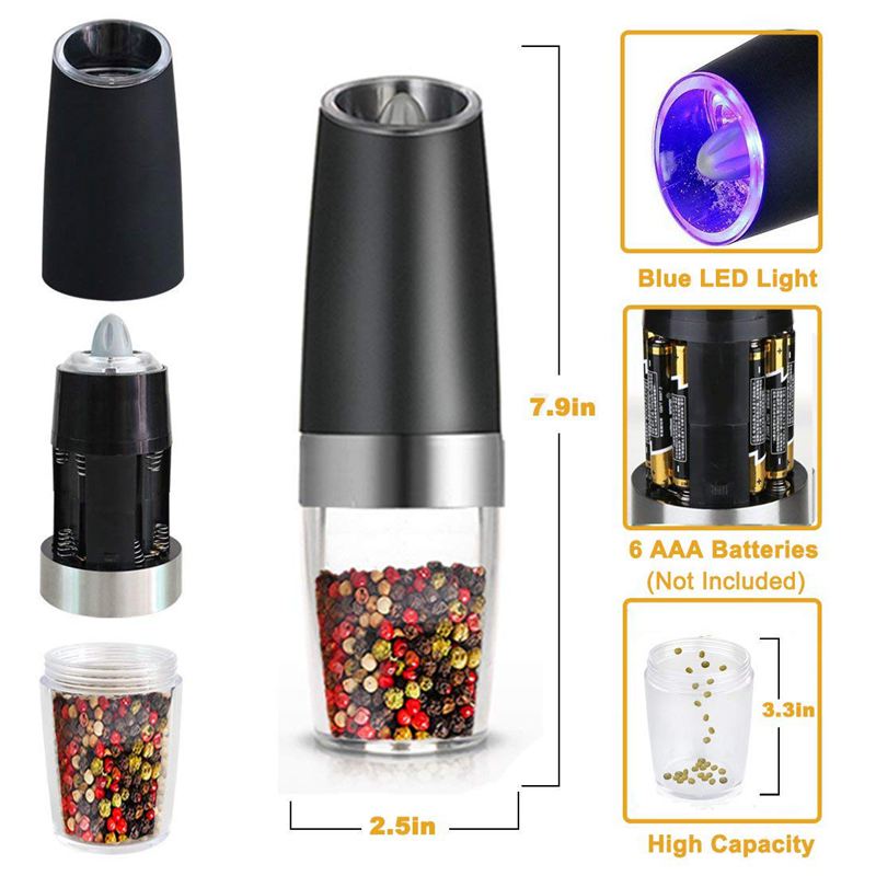 Premium Gravity Electric Salt and Pepper Grinder Set of 2 Battery Powered Salt Shakers, Automatic One Hand Pepper Mills with LED