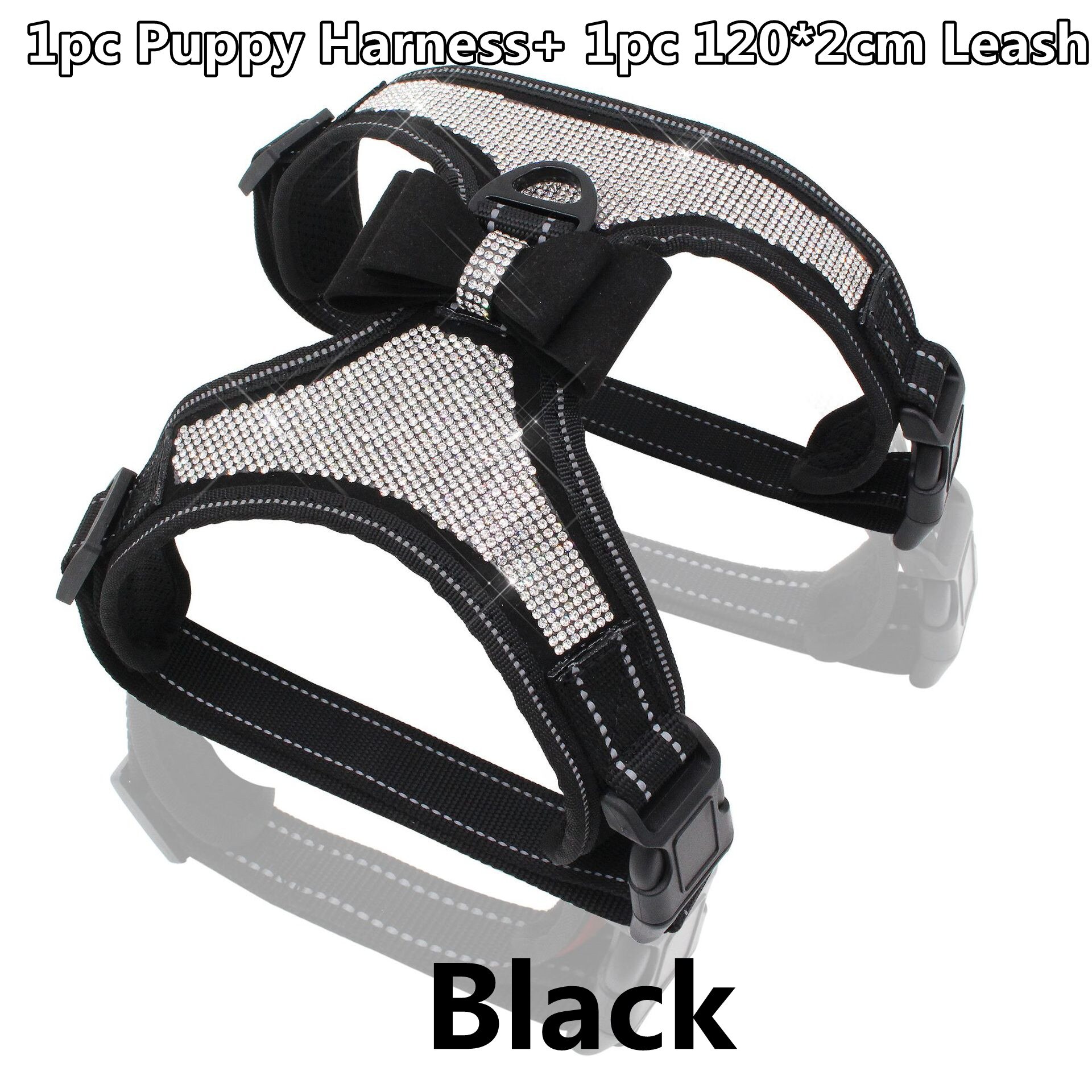 Cloth Dog Leash & Harness Set with Bling Rhinestone Adjustable Puppy Bow Harness 120*2cm Traction Rope Jogging/Walking Tools: Harness-Leash Black / XL