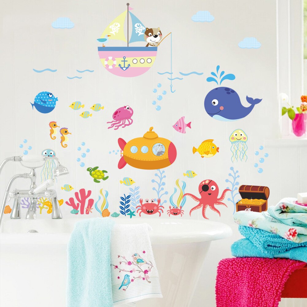 Muursticker met een cartoon-muursticker van een puppy die aan boord vist, voor de kinderkamer, badkamer, huisdecoratie, kinderkamer, kwarto-stickers, poster.