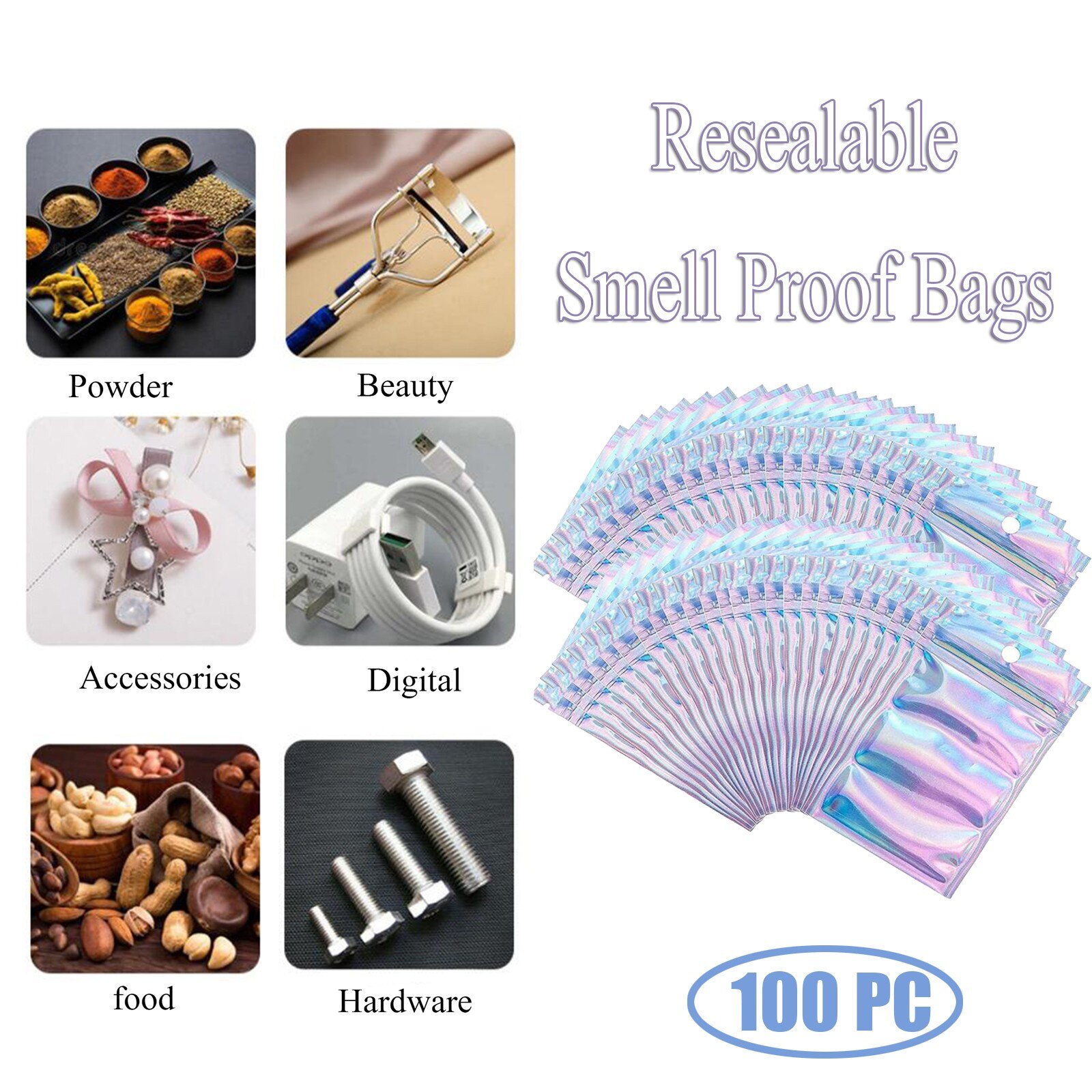 100Pcs/pack Plastic Bag Aluminum Foil Hologram Food Pouch Small Water Proof Zipper Reclosable Pouches Zipper Storage Bags: 7.5X12CM
