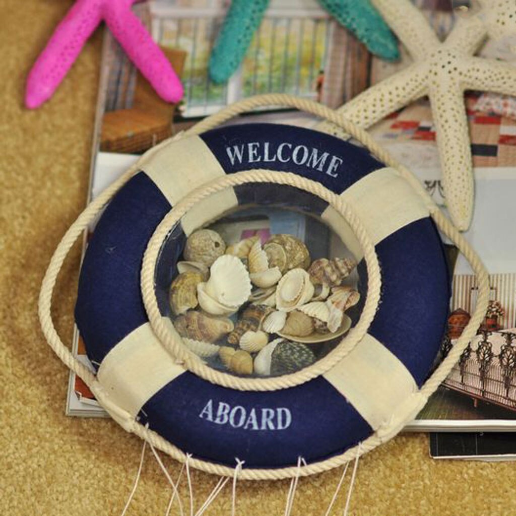 Vintage Life Buoy with Nautical Shell Wind-bell Decor For White & Blue