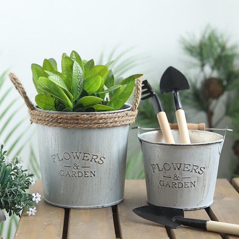 Land retro plåt blomhink blomhållare hem vas dekoration blomkruka utomhus balkong plantering blomfat