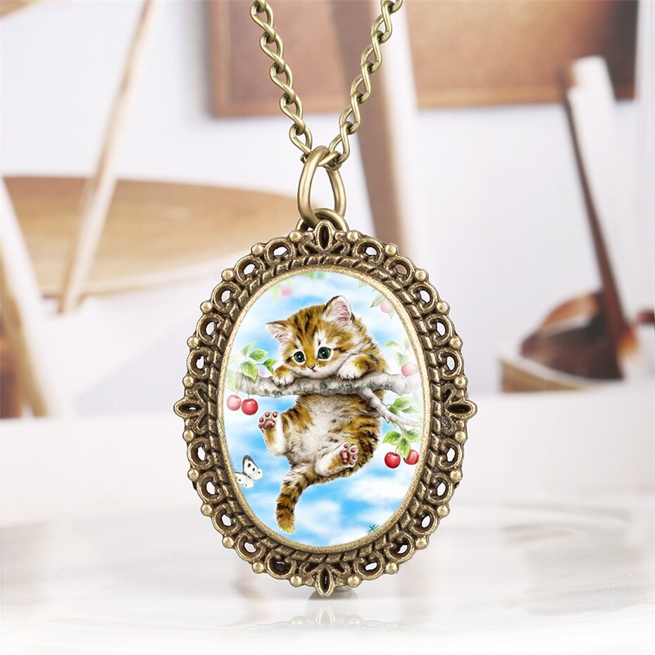 Sød kat display kvarts lommeur bronze oval form vedhæng ur udsøgt halskæde ur til kvinder pige reloj