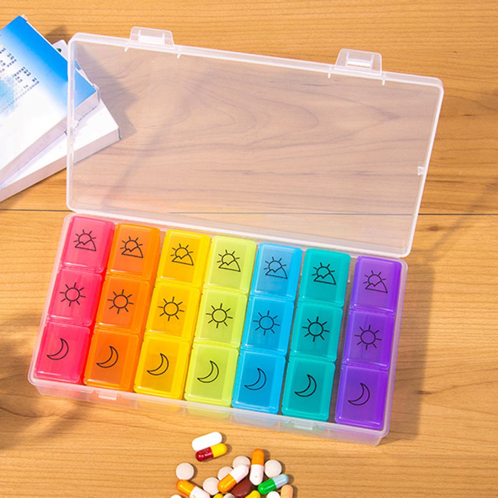 Vochtbestendig 21 Raster Kan Worden Split 7 Dagen Reizen Plastic Draagbare Geneeskunde Doos Verticale Kast Type Zeven Kleur Pil doos