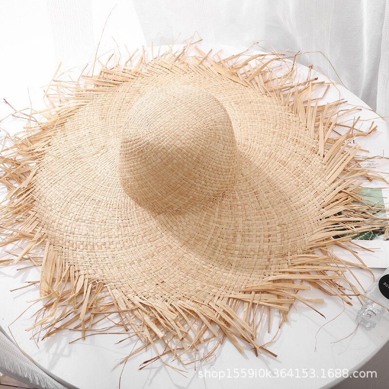 Zomer Natuurlijke Grote Brede Rand Zonnehoed Voor Vrouwen Raffia Jazz Floppy Hoed Strooien Hoeden Cirkel Fringe Hollow Out Beach panama Hoed: like picture1