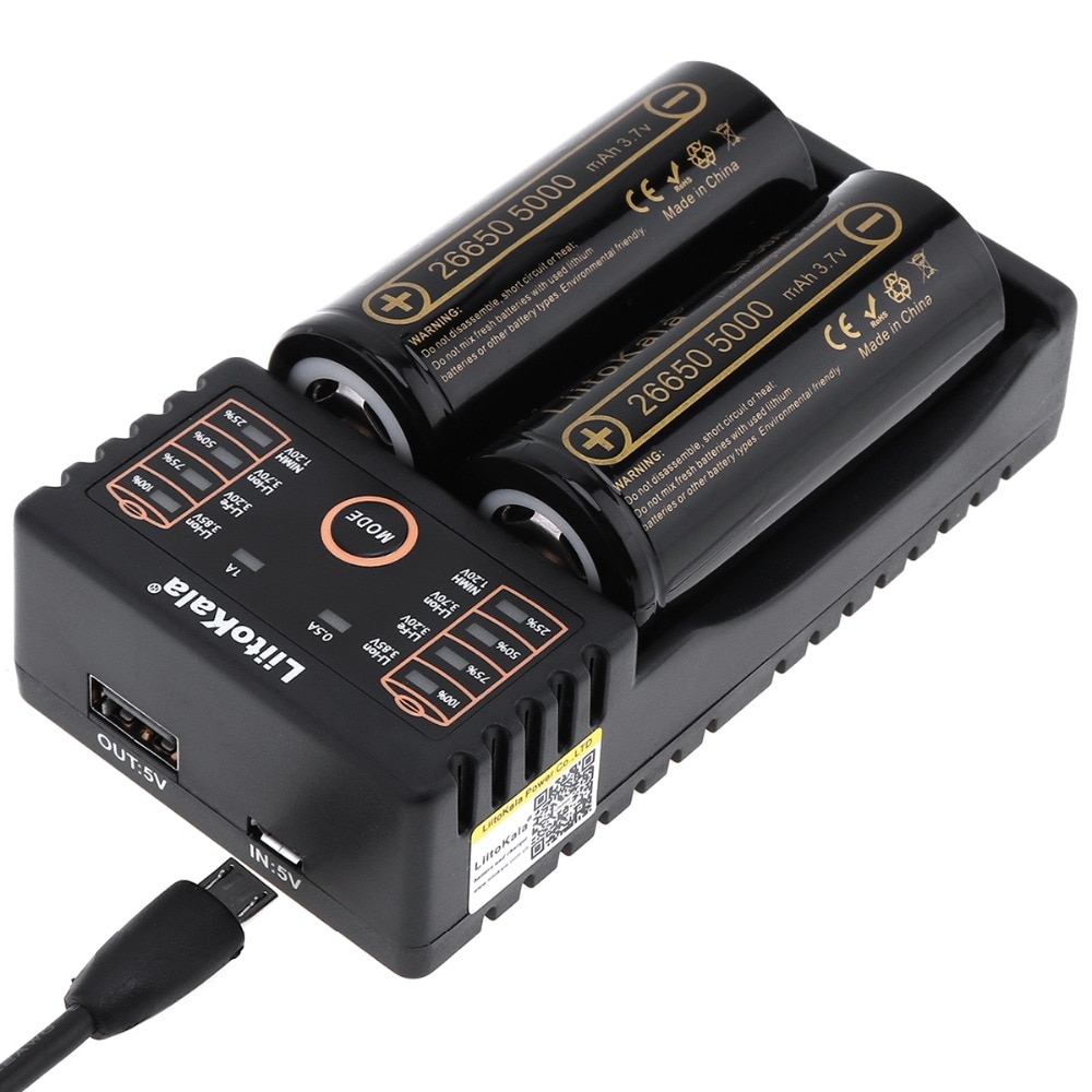 LiitoKala Lii-202 battery charger + 2 pcs HK LiitoKala Lii-50A 26650 5000 mah Oplaadbare batterij voor zaklamp, 40-50A ontlading
