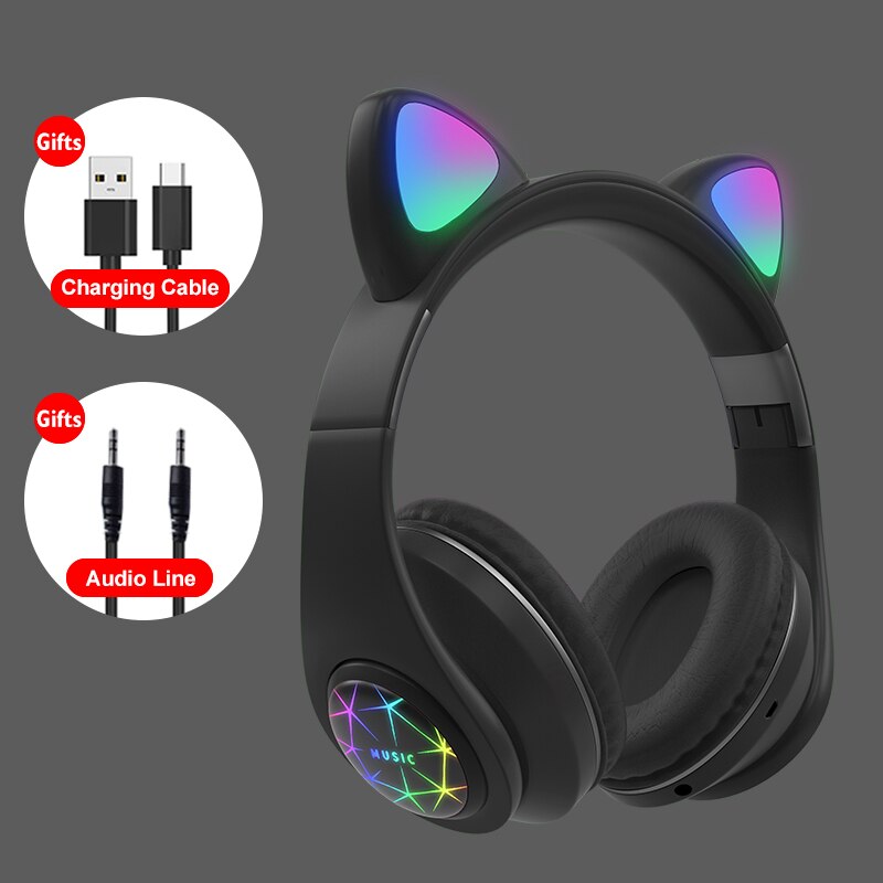 Oreja de Gato auriculares inalámbricos Bluetooth 5,0 RGB auriculares bajo ruido cancelación de los adultos niños auricular de mujer tarjeta de soporte TF Casco Mic: H3-Black
