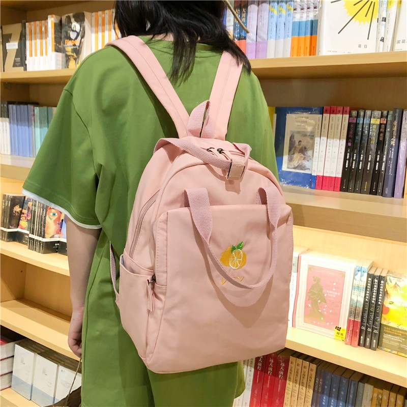 Menghuo Neue Obst stickerei Frauen Rucksack Kleine Frische Wasserdicht Nylon Einfarbig Schulter Tasche Mädchen Schul für Jugendliche