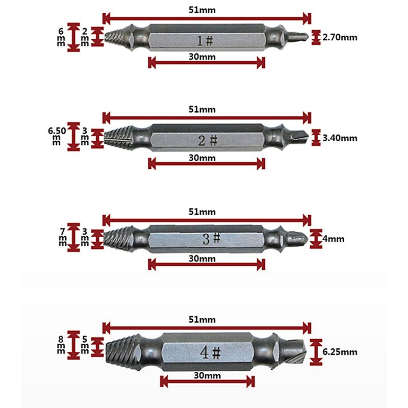 4pcs Broken Breakage Head Screw Extractors Double Ended Damaged Screw Extractor Wood Bolts Remover Extract Drill Tool