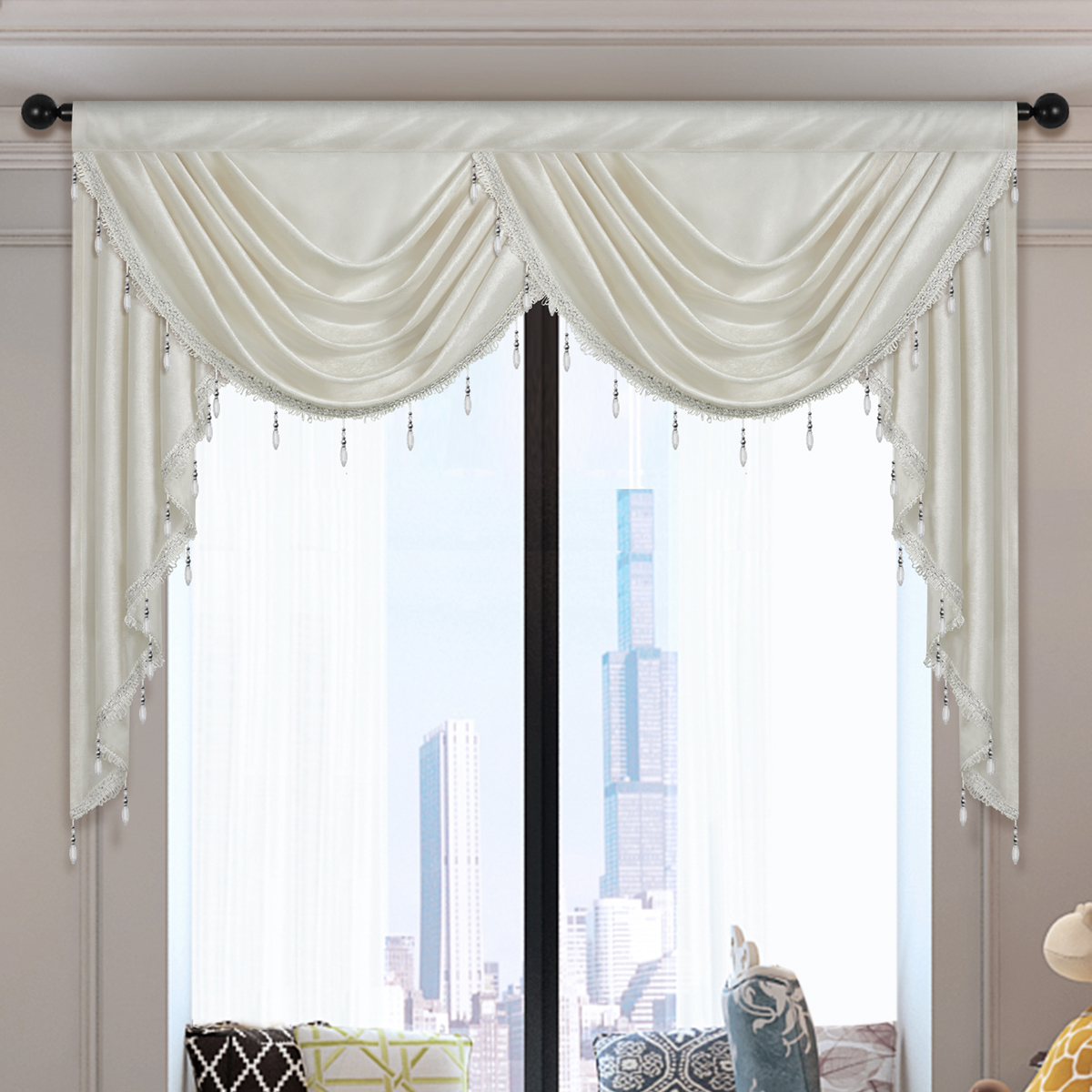 Rideau de cantonnière en tissu velours de style européen, cantonnière en tissu velours italien pour la décoration intérieure, poche la plus récente, divers documents au choix, cascade, 1PC: WHITE