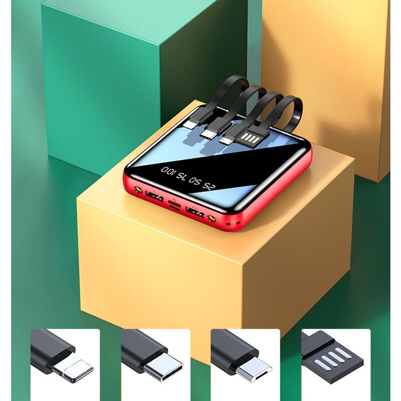 20000mah przenośny Mini Power Bank lustro ekran szybkie ładowanie z kablem USB typu C Powerbank dla iphone xiaomi Huawei telefon