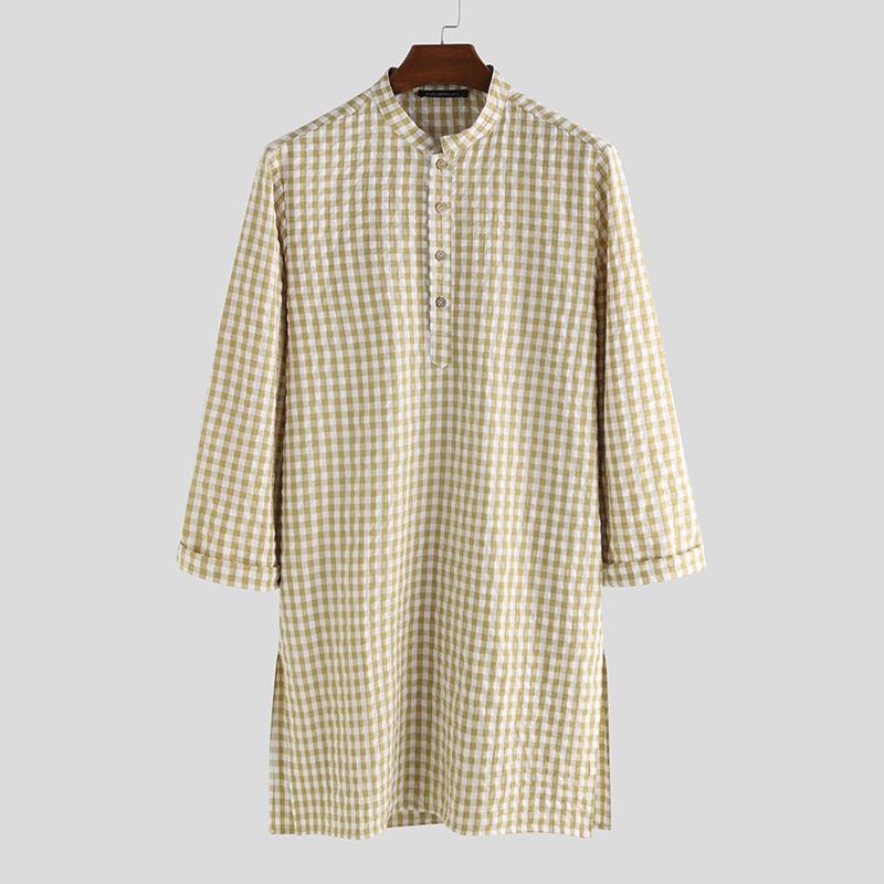 INCERUN Men Long Shirt Plaid Long Sleeve Indian Clothes Streetwear Stand Collar Kurtas Muslim Tops Vintage Casual Men Shirt: Khaki / XL