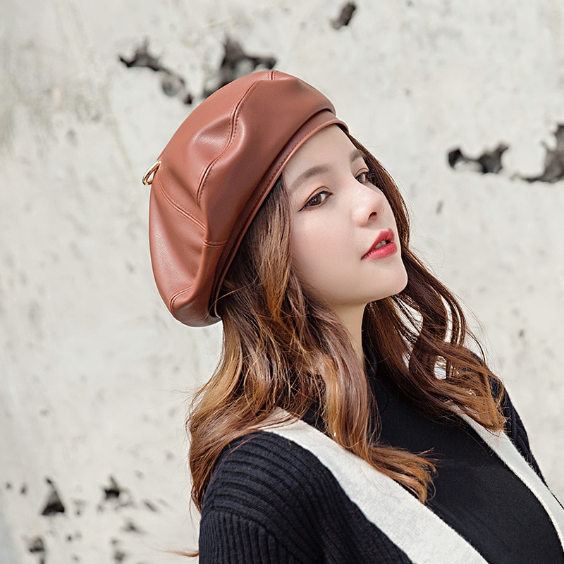 Béret en cuir à la pour femme | Béret, chapeau britannique pour femme, chapeau à casquettes, automne hiver
