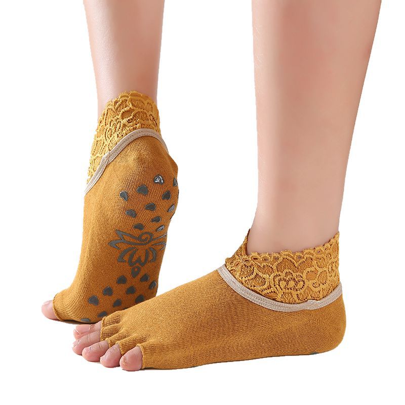 1 pair Women Yoga Five Toe Anti-Slip Ankle Grip Socks Dots Pilates Fitness Gym Socks Ladies Sports Socks With Lace: A Yellow