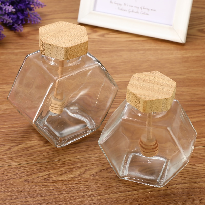 220ML/380ML Hexagonal Glass Honey Bottle with Wooden Stirring Rod Packaging Bottle Small Honey Bottle Container Honey Jar