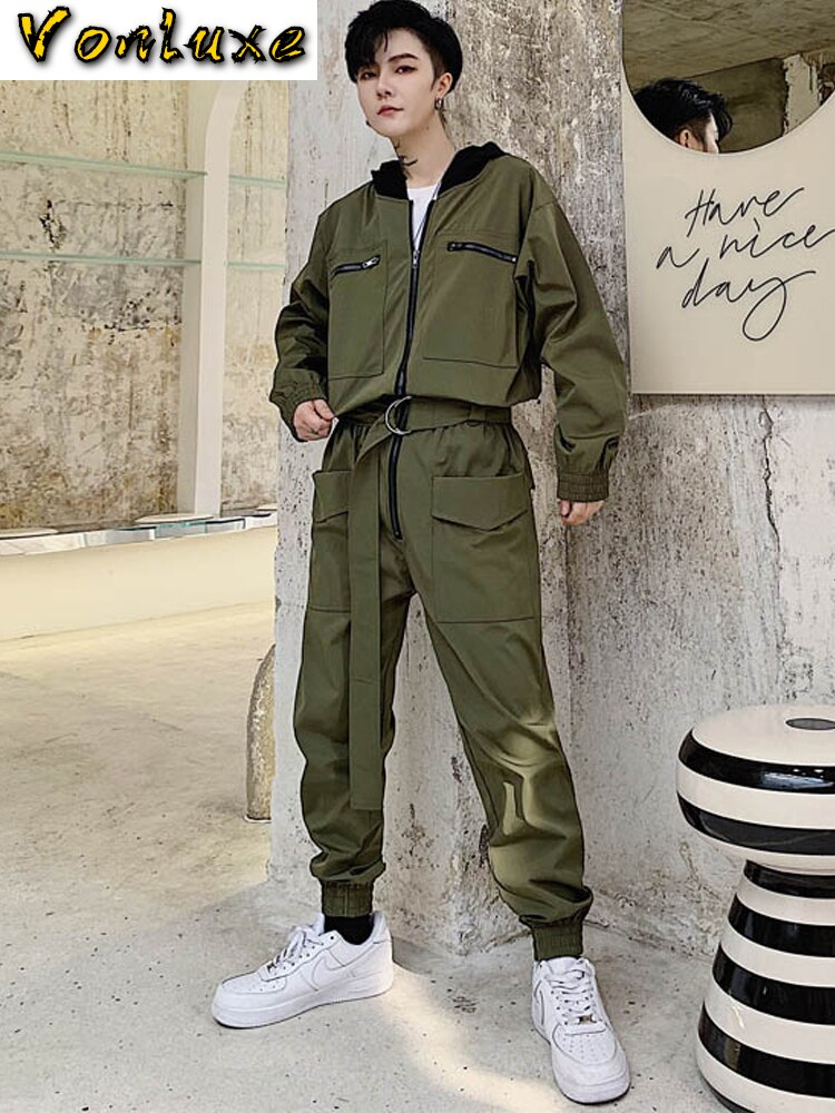 Gesamt Männer Strampler Einem Stück Overall Herren Langarm Mit Kapuze Reißverschluss Taschen Lässige Hüfte hüpfen Felsen Hosen Männlichen Kleidung