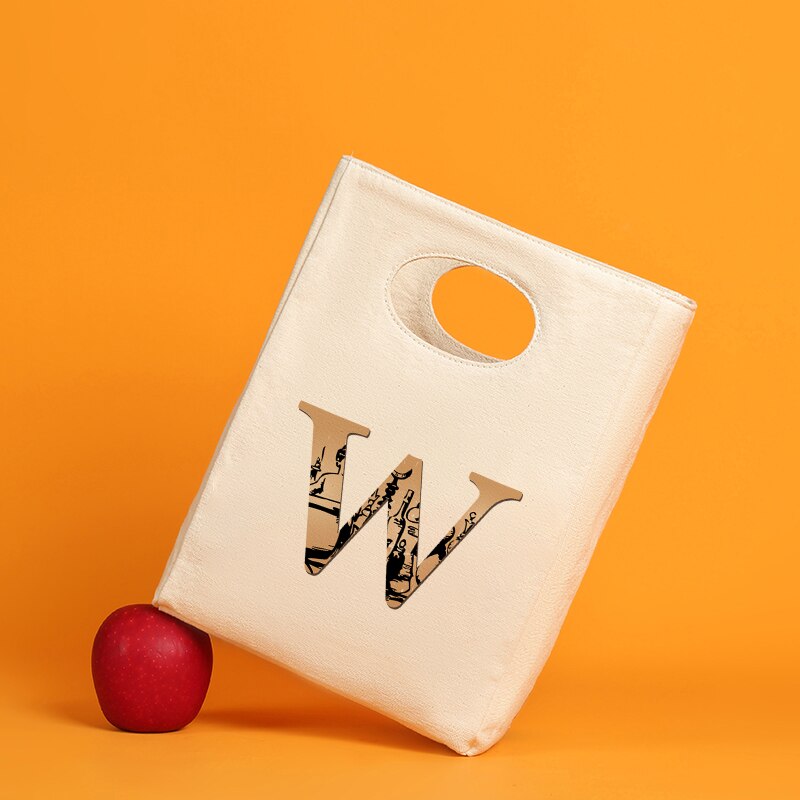 Brązowe litery ocieplana z płótna Unisex torba na Lunch wielokrotnego użytku śniadaniówka Organizer torba podróżna chłodzona: 9BrownW
