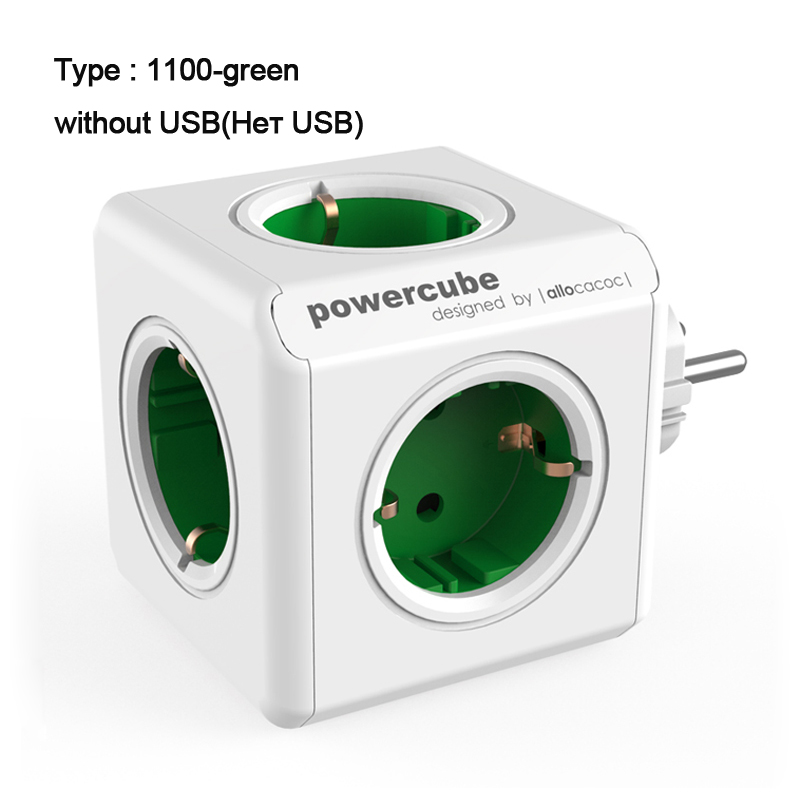 Allocacoc powercube stikkontakt usb-stik eu-stik multi smart-stikforlængelse eu elektrisk 16a 4 stikkontakt 2.1a hjemopladning grå: Grøn-uden-usb