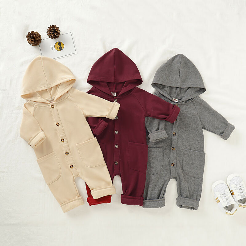 Herfst baby jongen meisje romper met capuchon en zak katoenen kleding winter effen set 0-24m