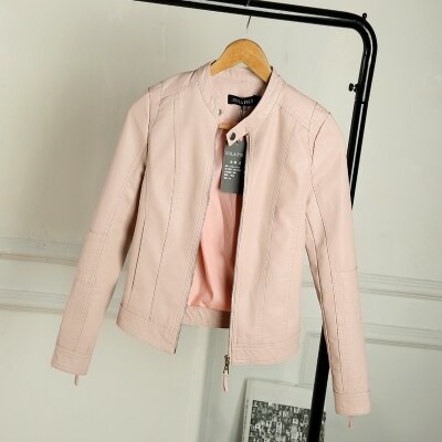 spring black leather jacket women faux leather biker jacket plus size PU jaqueta de couro feminina HH007: pink / S