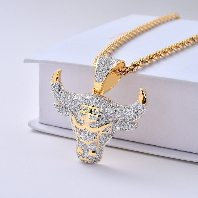 Men Hip Hop Full Rhinestone Bull Head Pendant Necklace Sparkling Ice Out Stainless Steel Gold Necklace: Default Title