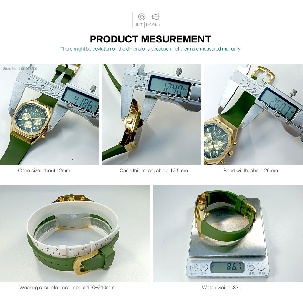 Megir heren waterdicht horloge met achthoekige wijzerplaat, chronograaf, quartz polshorloge met olijfgroene siliconen band, datumweergave en lichtgevende wijzers 2215