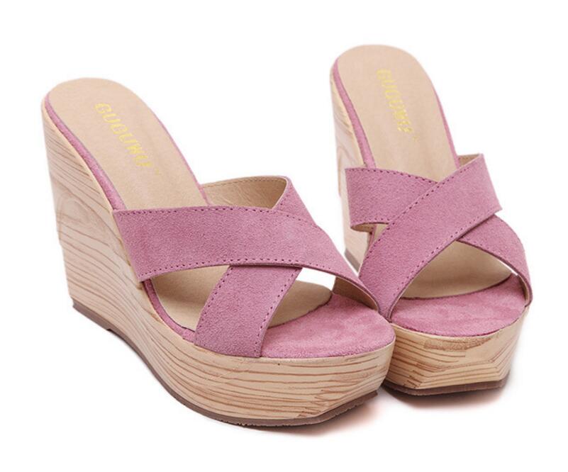 Sandalias con plataforma de banda cruzada, Sandalias con cuña para mujer, chanclas de playa, zapatos de cuero de ante de verano, Sandalias de mujer Sildes: Rosa / 5