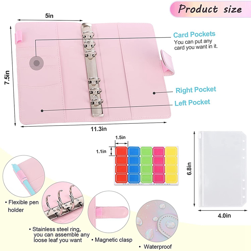 A6 Pu Lederen Bindmiddel Cover Roze Lederen Bindmiddel Bestand Pocket Losbladige Map 6-Ring Pvc Budget Envelop bindmiddel