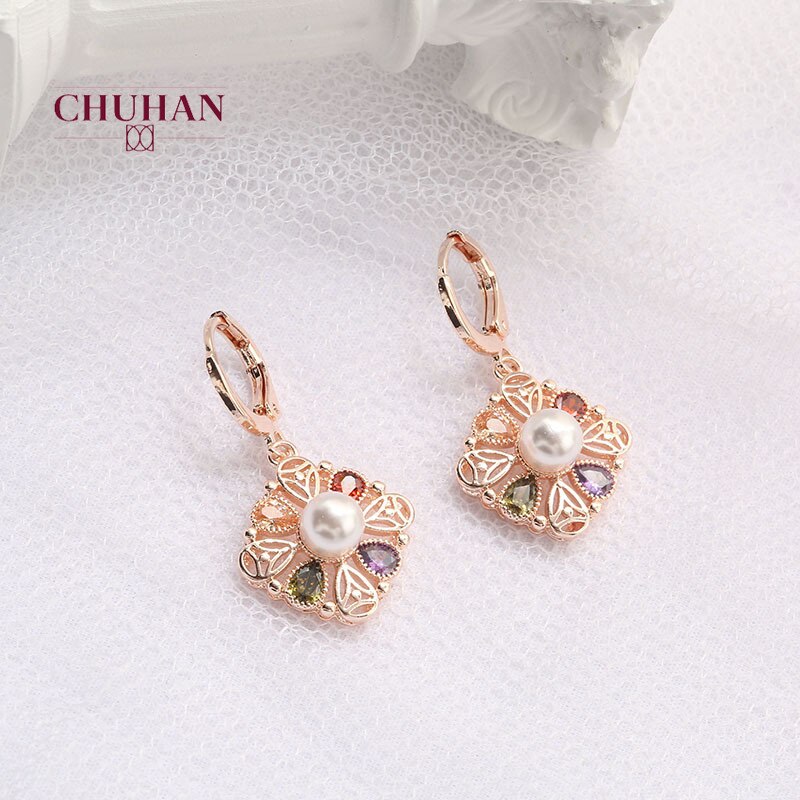 CHUHAN mujeres pendiente de collar de dos piezas conjunto de joyas romántico oro Color de rosa de Zirconia cúbica de La Perla de flor joyería nupcial J290
