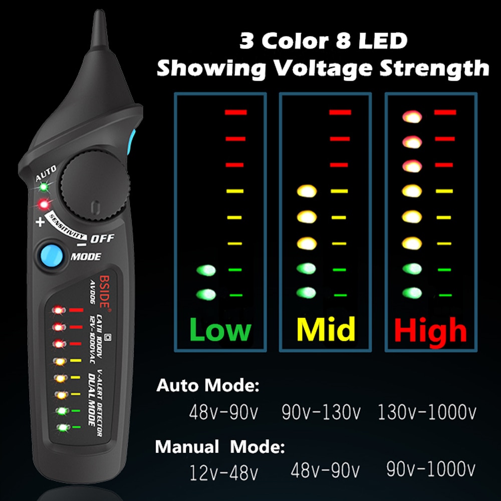 Beröringsfri spänningsdetektor testare avd 06 uttag vägg ac eluttag live test penna indikator 12 ~ 1000v match multimeter bside