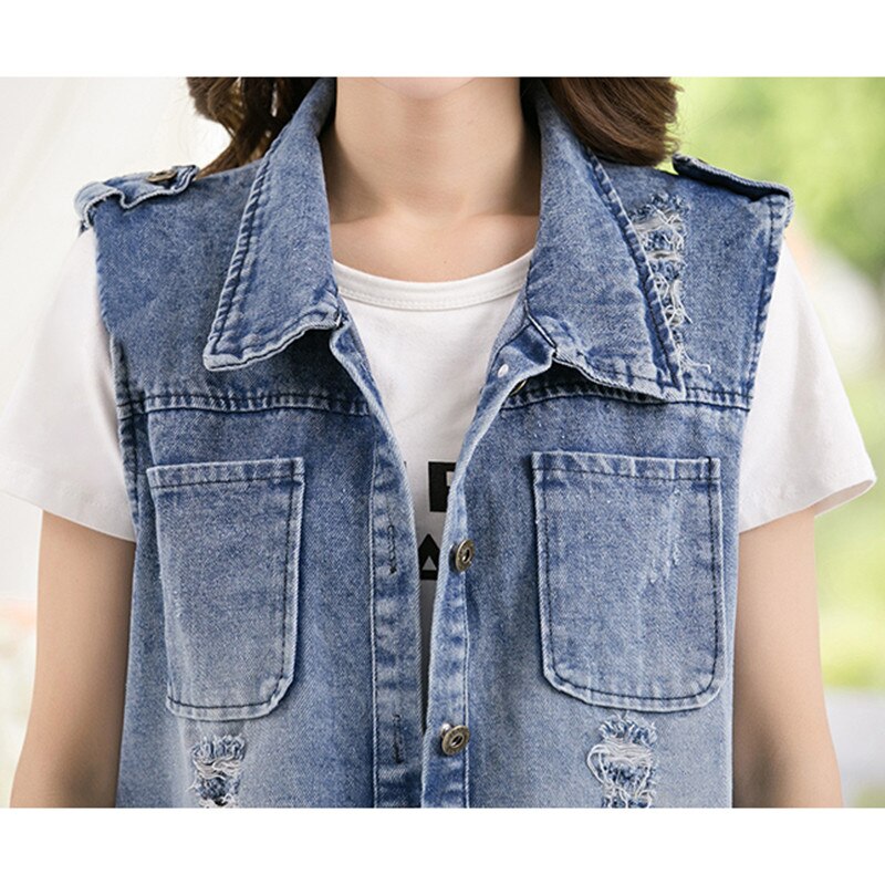 Plus size 5xl jactet denim vest kvinder sommer ærmeløs cardigan dame jeans veste koreanske huller lange denim jakker 969