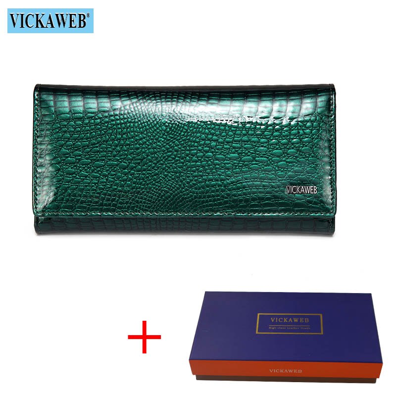 VICKAWEB Long Wallet Women Genuine Leather Alligator Womens Wallets And Purses Lady Hasp & Zipper Standar Wallet Female: Green Wallet and Box