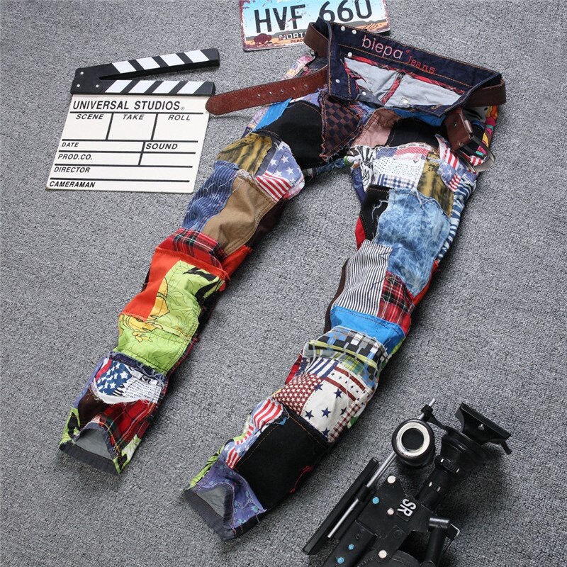 Farverige splejsede jeans mænd denim buksemærke slim fit jeans casual show denim joggers macacao masculino jeans