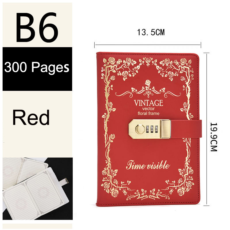 Password Lock Notebook A5 360 Pages Diary Notebook B6 300 Page Students Secretly Keep Notebook Diary Hand Ledger: B6 Red