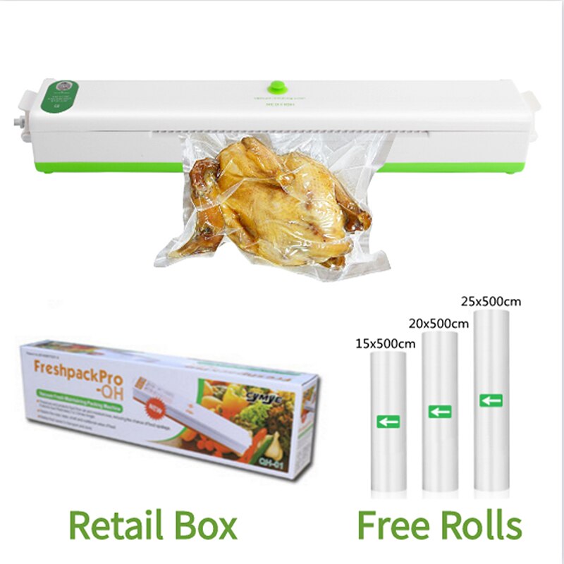 Food Vacuum Packing Sealer Machine Air Sealing System Keep Food Preservation Packer Fresh Storage + Free Plastic Rolls: Green