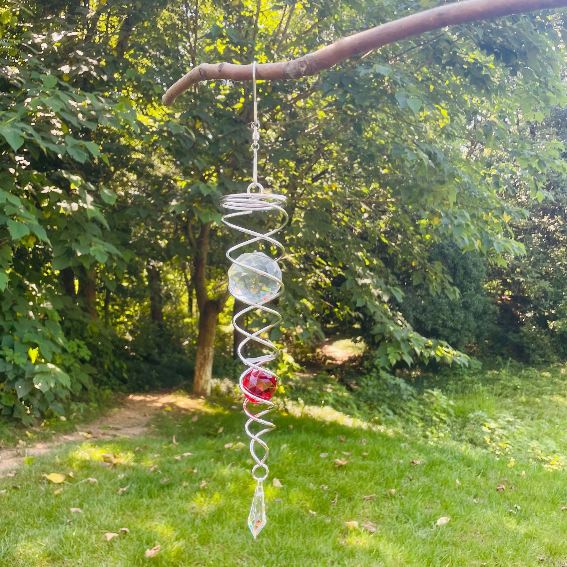 Gazing Ball Spiral Tail Wind Spinner Indoor Outdoor Decoration Stainless Steel Crystal Glass Ball with Hanging Swivel Hook: Light Grey