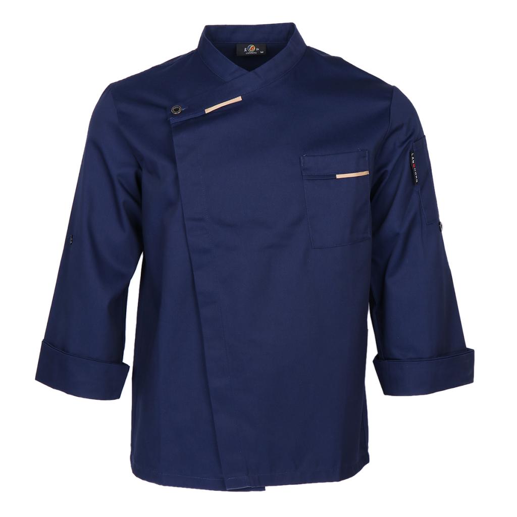 Unisex kokjakker frakke lange ærmer skjorte tjener servitrice køkkenuniformer: Mørkeblå l