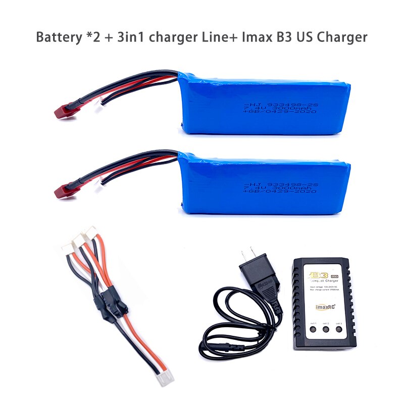 Wltoys 144001 Car 2s 7.4V 3000mAh Upgraded Lipo Battery T Plug For Wltoys 1/14 144001 RC Car Boat Lipo Battery Parts Upgraded: 2Bat3in1LineB3USCH