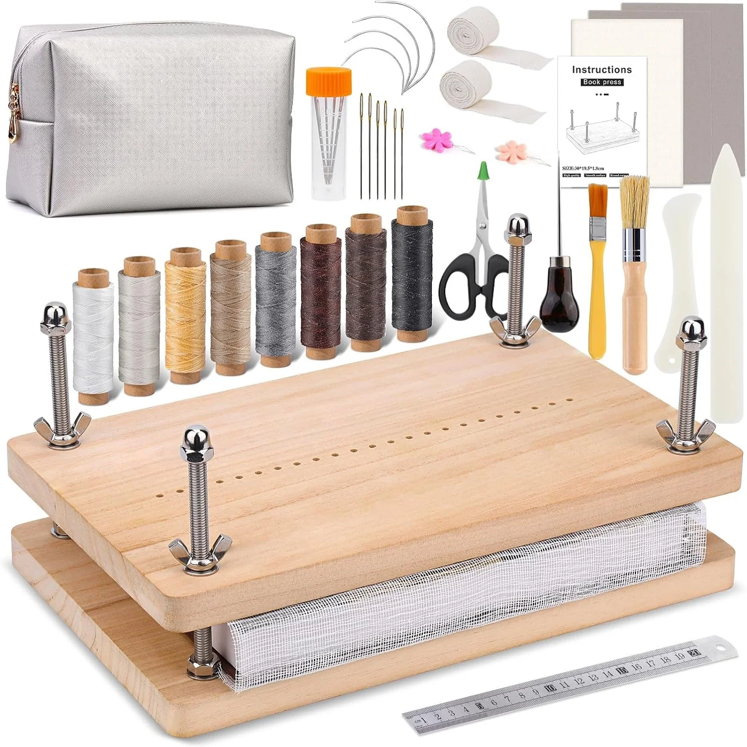KAOBUY Book Binding Kits Book Press Bookbinding Materials Repair Kit with Cloth Bone Folder Awl Needles Wax Thread for Binding