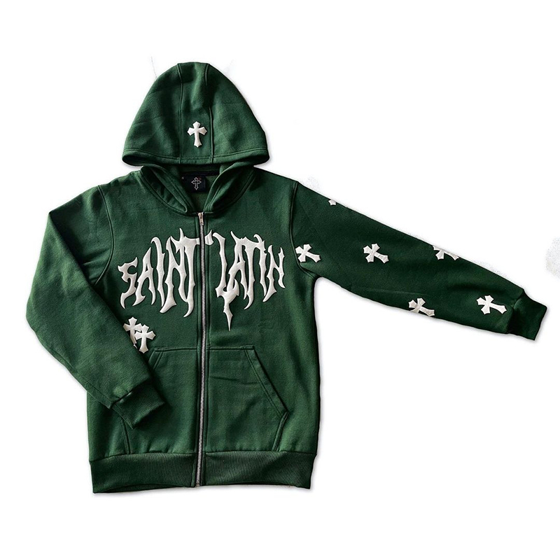 Y2k Men Emo Streetwear Hoodie Zip Up Sweatshirts Fairy Grunge Pullover Oversized Letter cross Goth Jacket Tops Hoodies Clothes: S / green