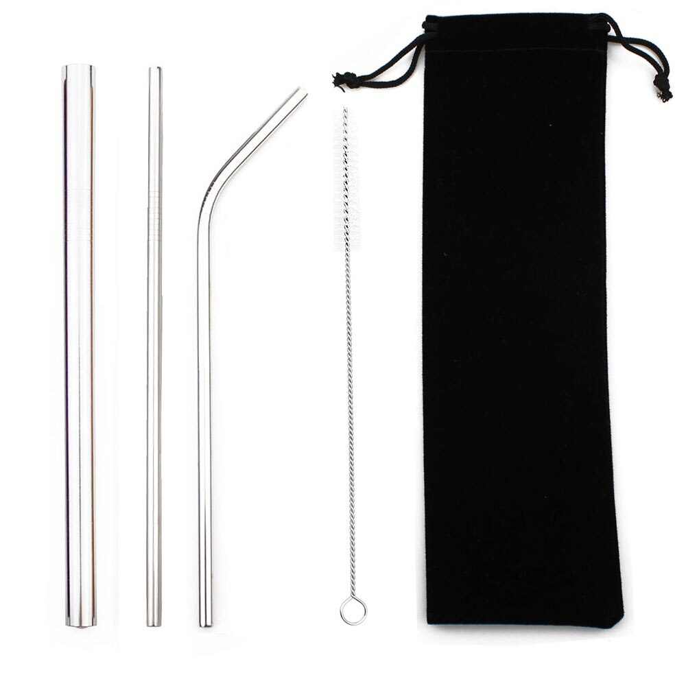 5pcs Herbruikbare Metalen Rietjes 304 Rvs Zilver Stro Set Dikke met Kleurrijke Tas Pouch Clean Brush Party bruiloft: Silver G
