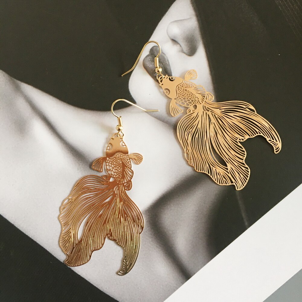 Pendientes Koi de para mujer, aretes metálicos huecos exagerados, pendientes de pez dorado, pendientes geométricos, joyería, pendientes de pez: 2