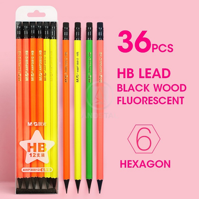 M&amp;G 12/24/48/120pcs Triangular HB Wood Pencil with Eraser Pre-Sharpened Lead Pencils Graphite Pencil for school supplies kids: 36pcs Black-FLUO