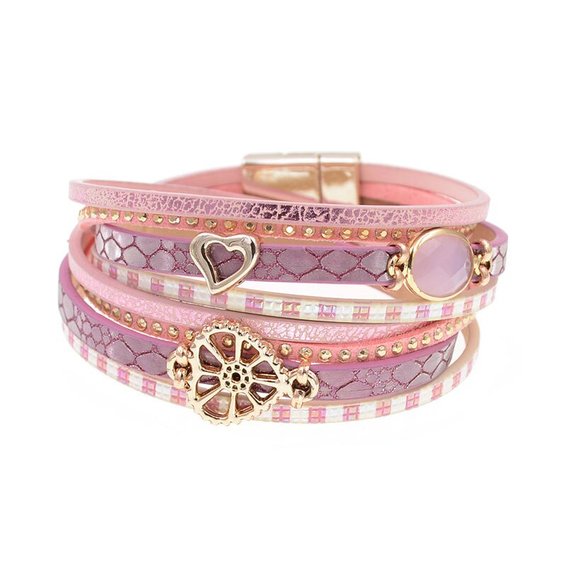 WELLMORE neue stlye glas leder armband wickelarmbänder für frauen Trendy Böhmischen armbänder B17110601: pink