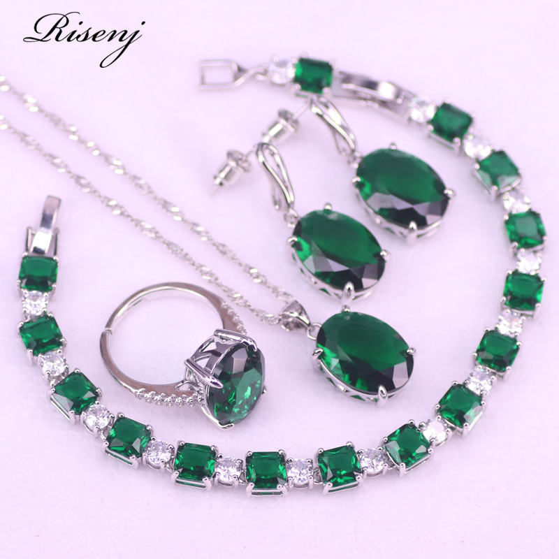 Top Zirkoon 20 Karaat Rose Rd Zirkoon Zilveren Sieraden Verstelbare Ring Ketting Oorbellen Ketting Met Armband Set In Winkel: green set