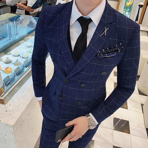 Costume à carreaux pour hommes, veste à carreaux, Boutique, décontracté Business, Double boutonnage, manteau, robe de mariée, costume Slim pour hommes: Bleu / M