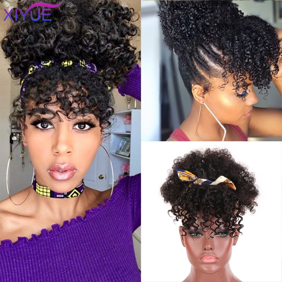 Frange synthétique Afro courte crépue bouclée avec cordon de serrage, Chignon Afro court, queue de cheval crépue bouclée avec frange, Extension capillaire